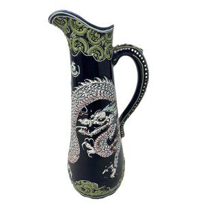 Vintage Hand Painted Chinese Pitcher Dragon Motif Navy Green Pink 8.5” Unique